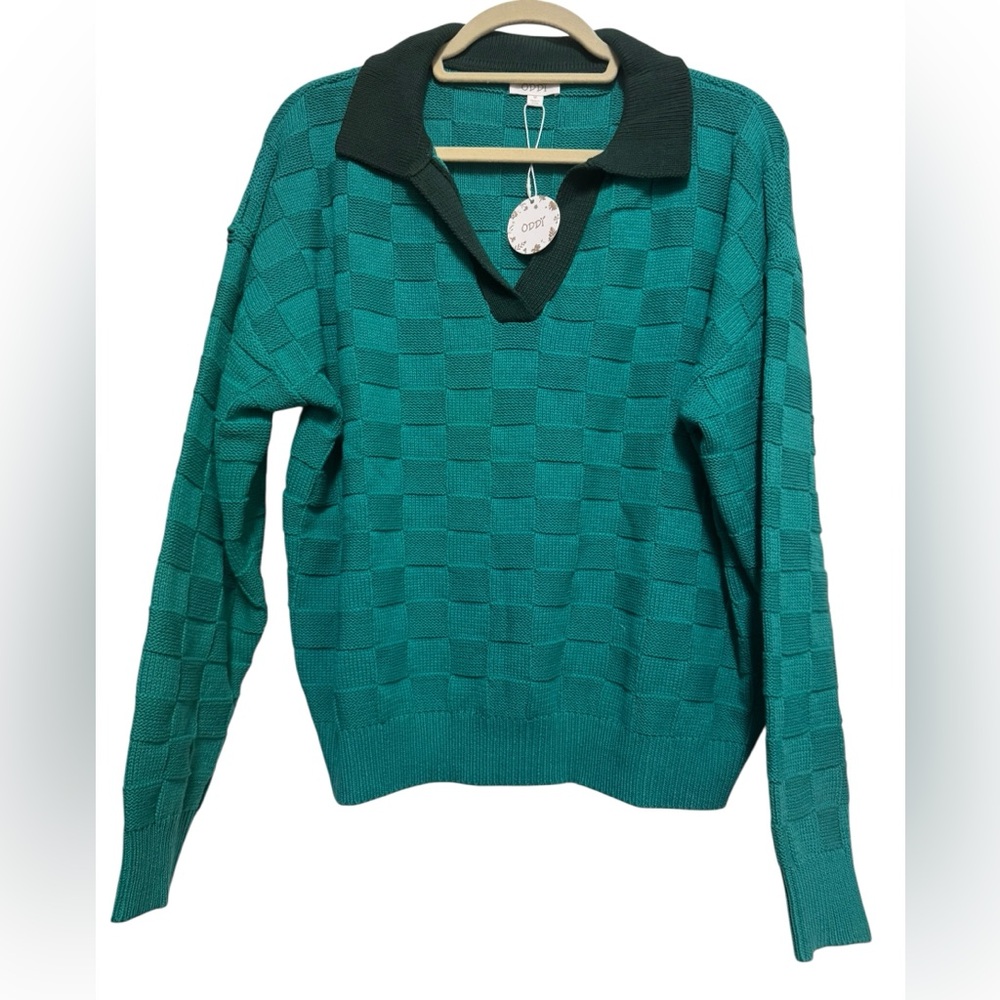 Oddi Green Textured V-Neck Collared Polo Sweater NWT Size M